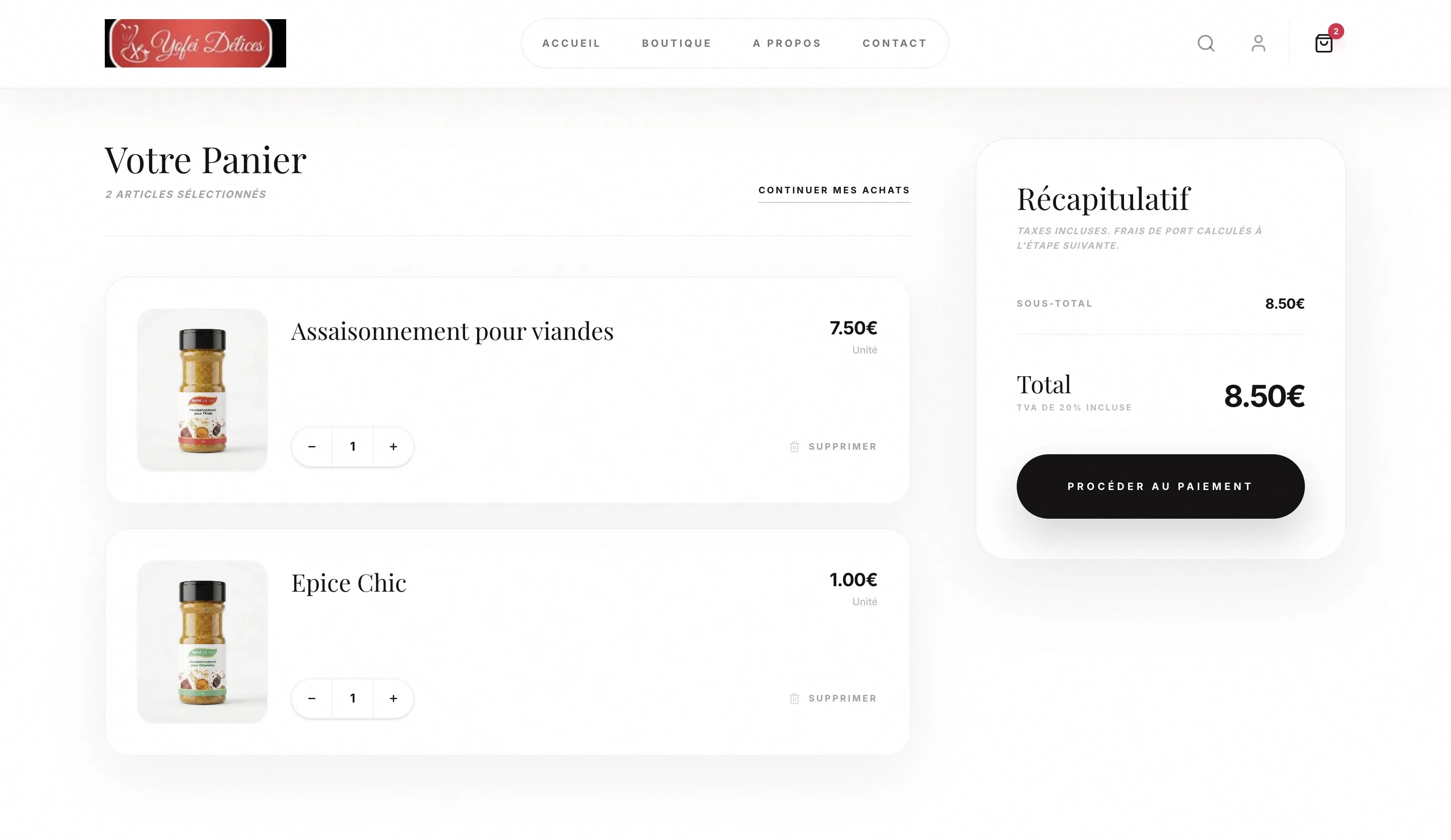 Panier avec modification des quantités, suppression et récapitulatif