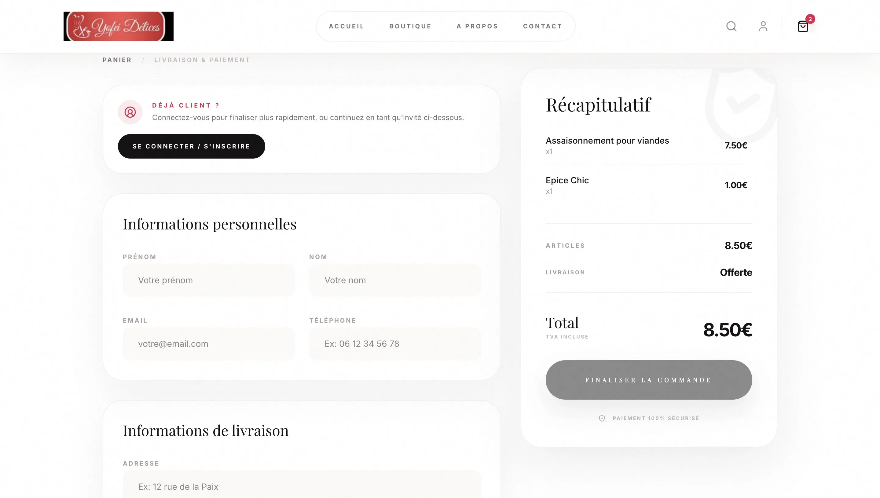 Commande : connexion ou achat en invité, informations personnelles et de livraison, récapitulatif