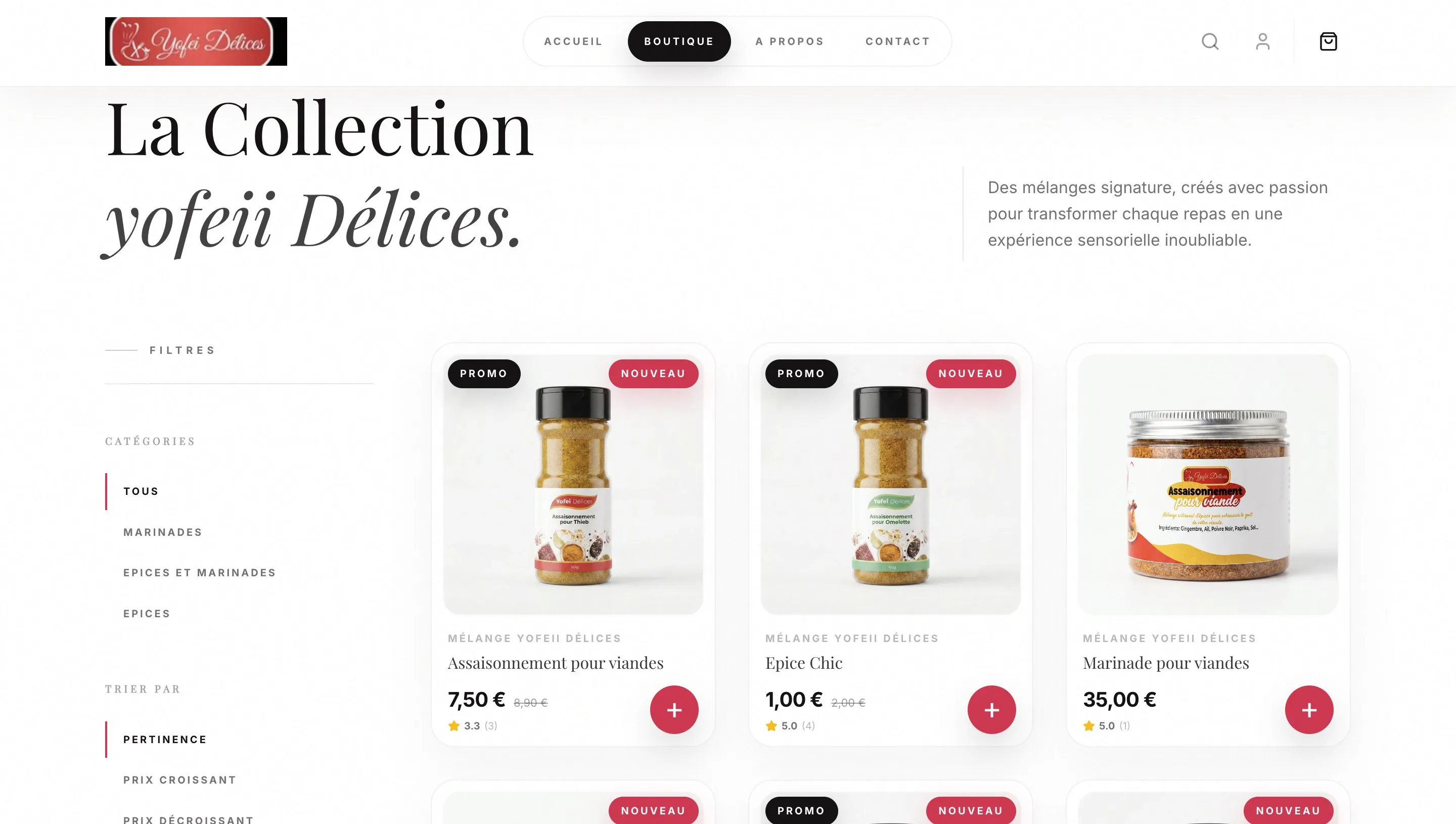 Collection avec filtres par catégorie et tri par pertinence, prix ou note