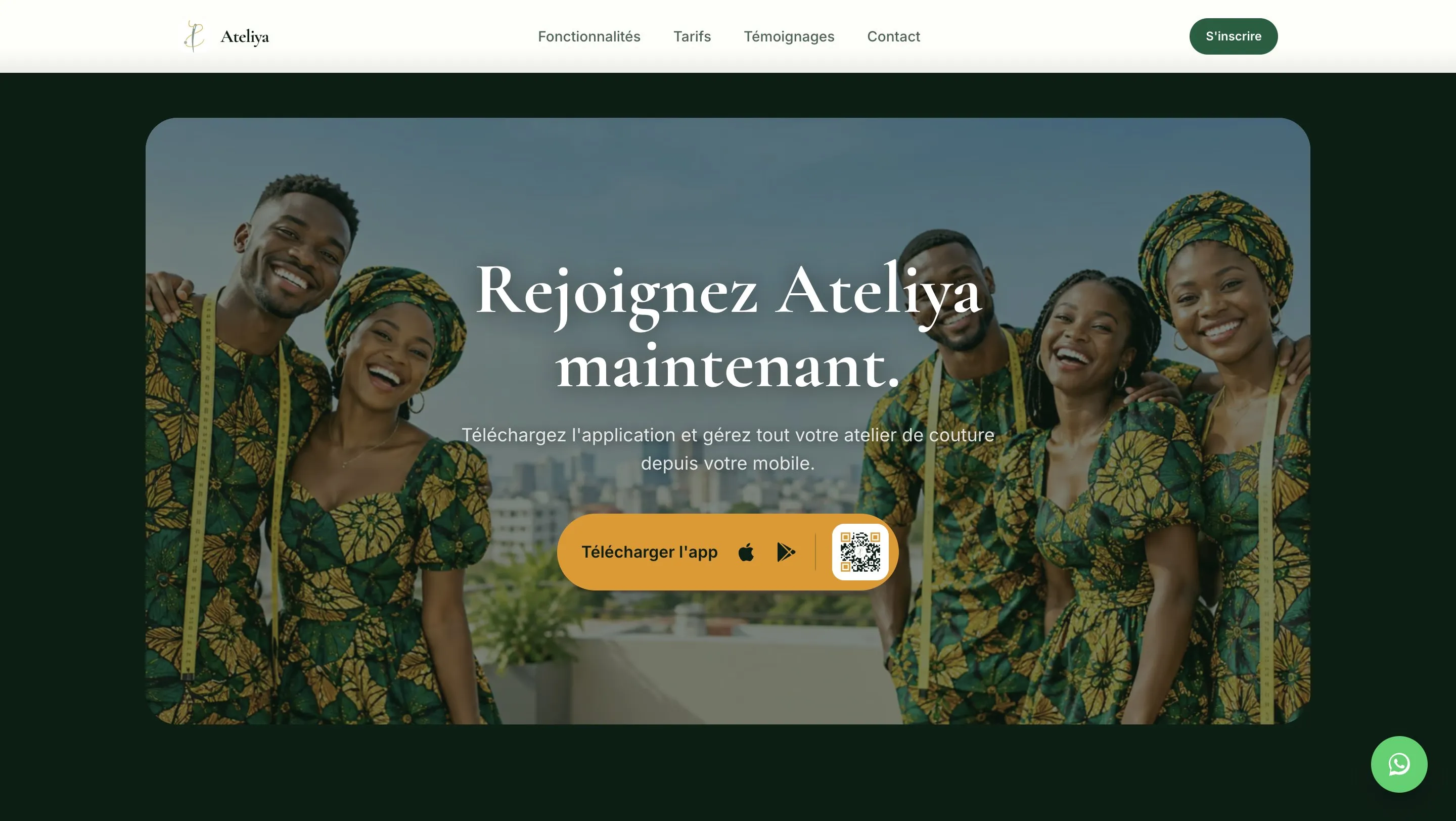 Appel final « Rejoignez Ateliya maintenant » sur une photo de couturiers, avec bouton de téléchargement et QR code