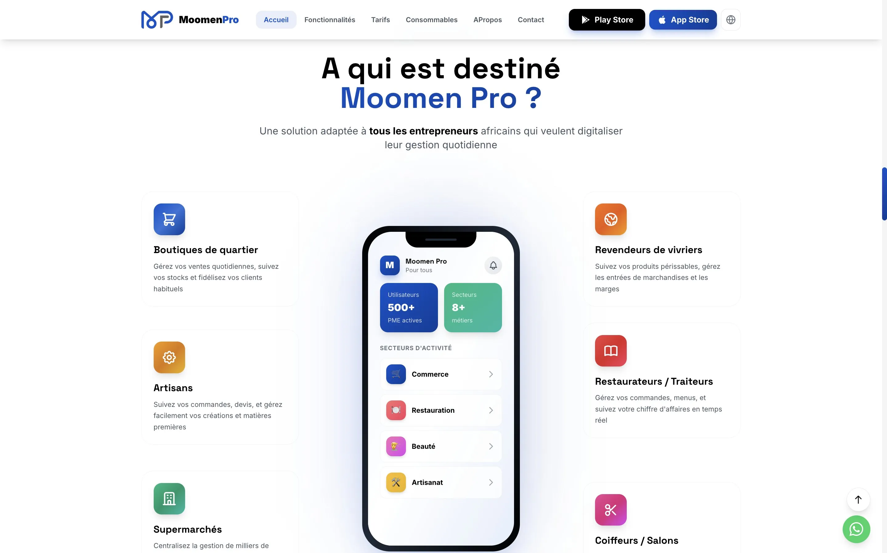 Section « À qui est destiné Moomen Pro ? » : boutiques, artisans, supermarchés, revendeurs, restaurateurs, coiffeurs