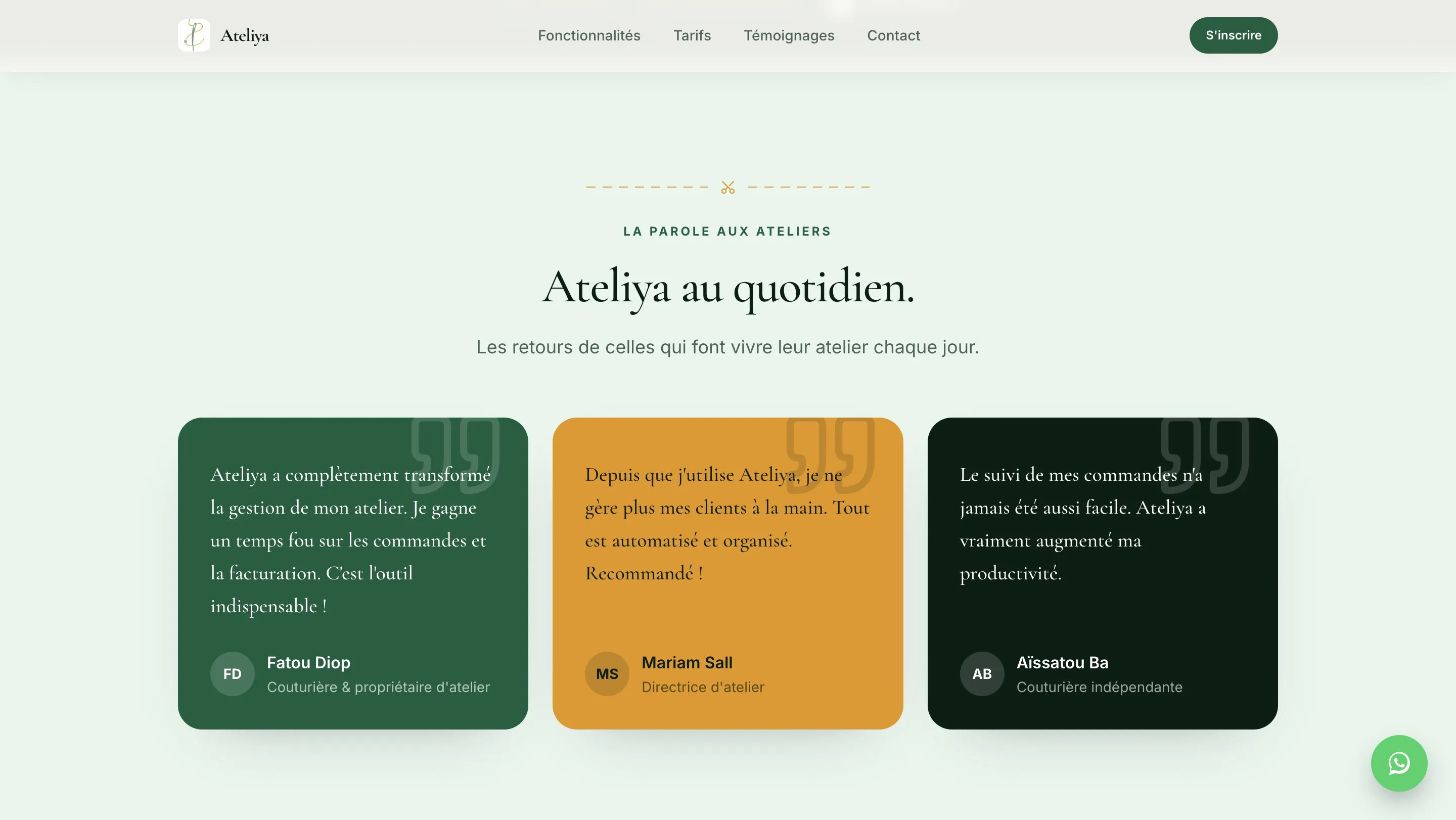 Section « Ateliya au quotidien » : trois témoignages de couturières sur des cartes en couleur pleine